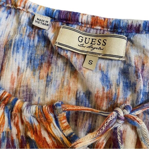 Guess Women's Cold Shoulder Top Size S Ruffle Elastic Waist Tie Neck Y2K Artsy - Picture 12 of 14